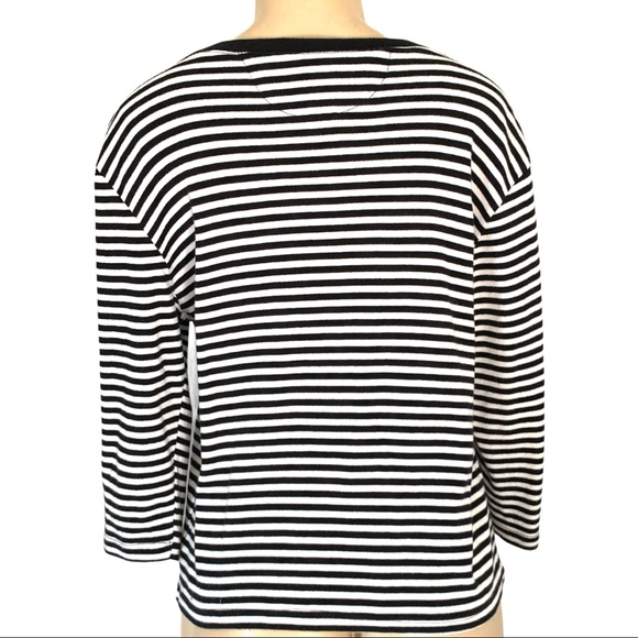 Preppy Nautical Striped Black & White V-Neck LS Tee Shirt Button Detail - Picture 4 of 5